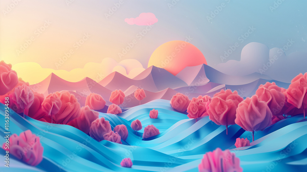 Fototapeta premium Dreamy Sunset Over Vibrant Fantasy Landscape with Pink Trees and Rolling Hills in Whimsical 3D Illustration