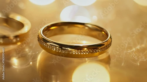 Golden Wedding Rings on Soft Background, Elegant and Romantic Scene for Engagement and Wedding Videos, Precious Symbol of Love.