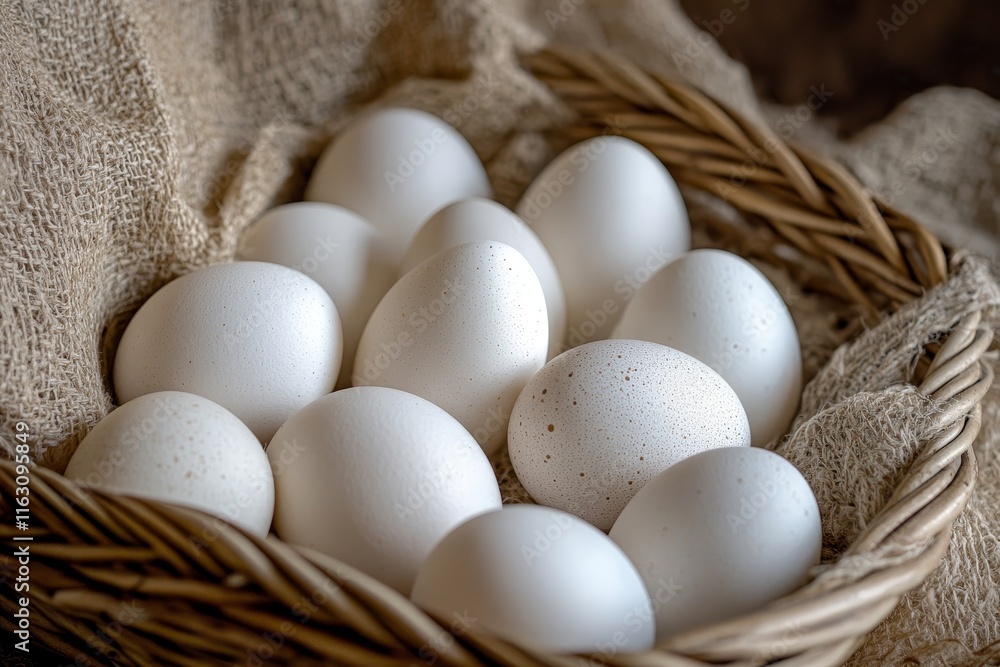 Colorful white easter eggs beautifully arranged in a charming basket with a vibrant background Colorful white easter eggs beautifully arranged in a charming basket with a vibrant background