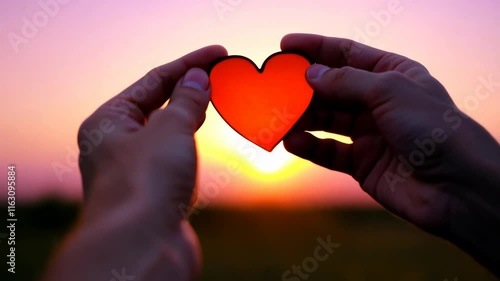 Hands Forming Heart Shape Against Sunset, Romantic and Heartwarming Scene for Love Stories and Relationship Videos, Emotional Connection and Warm Glow.