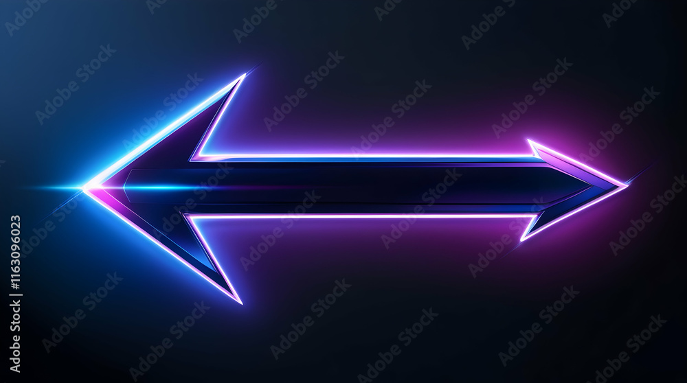 Glowing neon arrow pointing left, with vibrant blue and purple highlights against dark background. Glowing neon arrow pointing left, with vibrant blue and purple highlights against dark background.