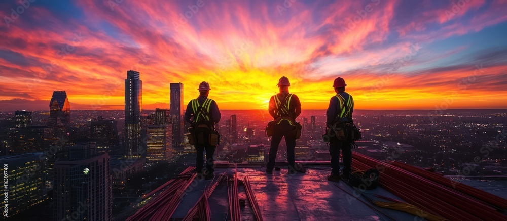 Fototapeta premium Three construction workers silhouetted against a breathtaking sunset over a city skyline.