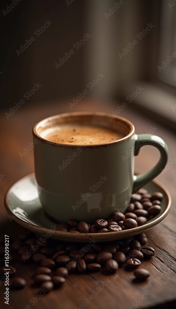 An espresso cup rests on a rustic wooden table, encircled by rich coffee beans, evoking a warm and inviting setting perfect for enjoying a quiet moment. Generative AI An espresso cup rests on a rustic wooden table, encircled by rich coffee beans, evoking a warm and inviting setting perfect for enjoying a quiet moment. Generative AI