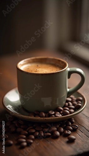 An espresso cup rests on a rustic wooden table, encircled by rich coffee beans, evoking a warm and inviting setting perfect for enjoying a quiet moment. Generative AI