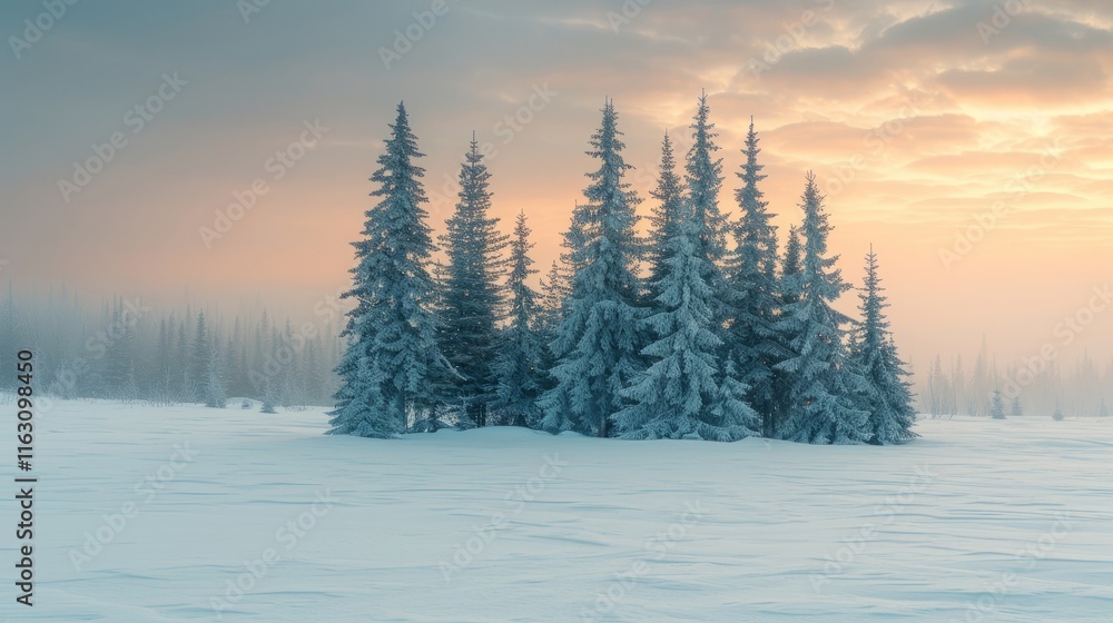 A serene winter landscape featuring snow-covered trees at sunrise. A serene winter landscape featuring snow-covered trees at sunrise.