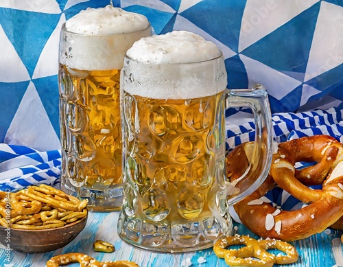 Oktoberfest Celebration with Beer Mugs, Pretzels, and Bavarian Flags photo