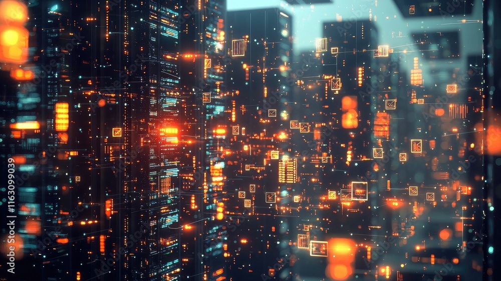 Futuristic Digital Cityscape with Glowing Data Streams and High-Tech Architecture at Night
