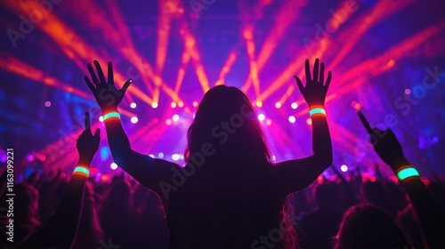 Wallpaper Mural Vibrant Concert Scene with Colorful Lights and Enthusiastic Crowd Wearing Glowing Bracelets at Night Music Festival Torontodigital.ca