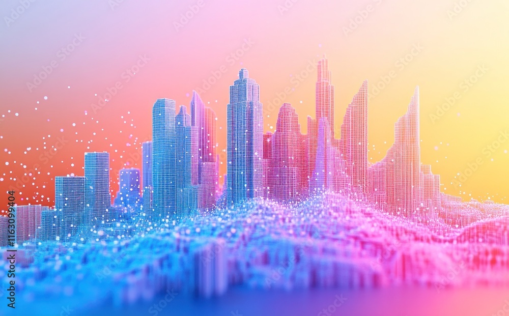 Fototapeta premium Futuristic Cityscape: A Digital Metropolis Rising from a Vibrant, Data-Driven Landscape