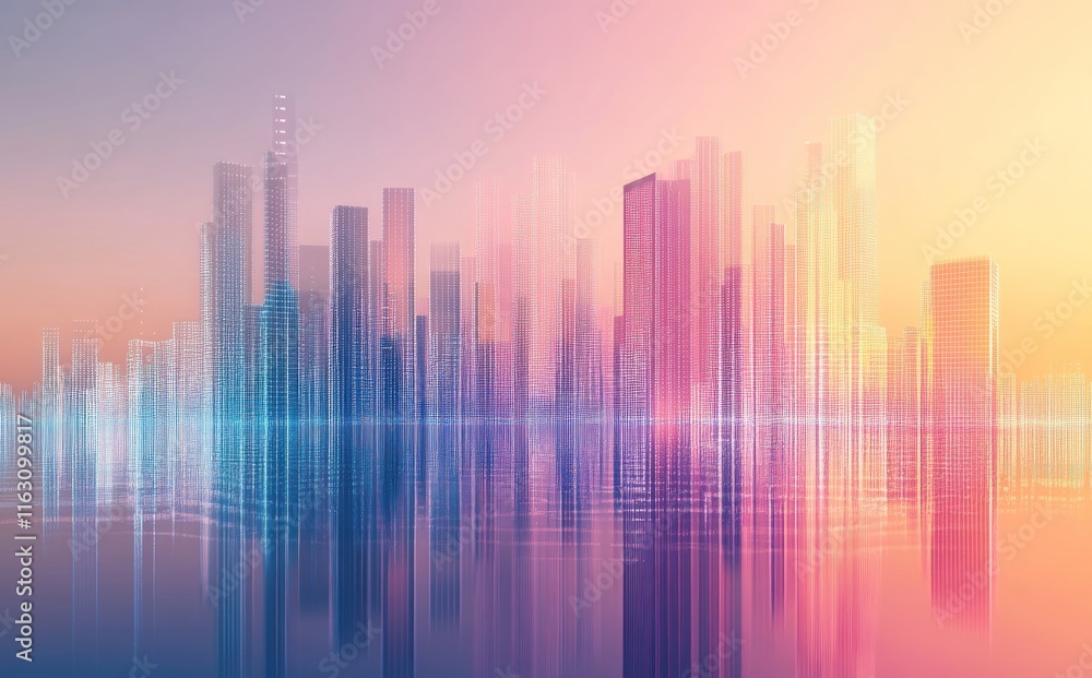Futuristic Cityscape at Dawn: A Digital Metropolis Reflecting in Still Waters Futuristic Cityscape at Dawn: A Digital Metropolis Reflecting in Still Waters