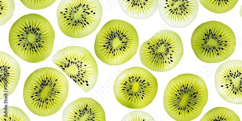 A pattern of thin kiwi slices beautifully arranged on a white background, the bright green color of the flesh and black seeds create an interesting texture.