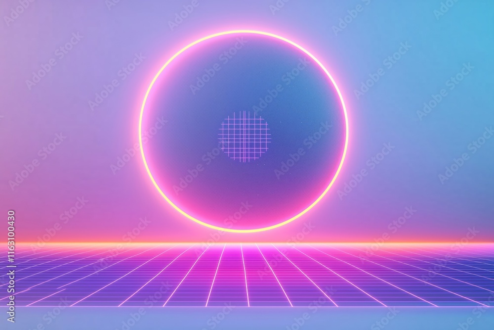 Obraz premium Futuristic landscape design with glowing neon grid, glowing horizon. Abstract retro tech aesthetic. Modern digital space ambiance. Cyberpunk style. Glowing circle in cosmic sky. Colorful dreamy