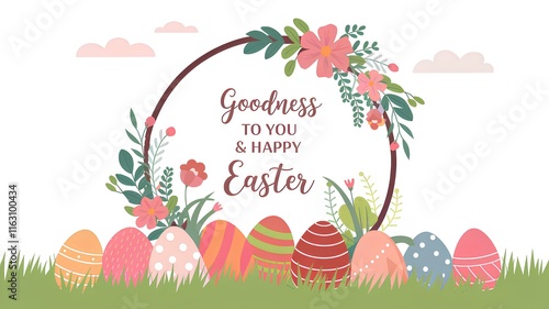 Happy Easter background with message, frame and Easter eggs scene greeting card with flower decoration of April holiday celebration with candy painted egg and festive chocolate basket background  