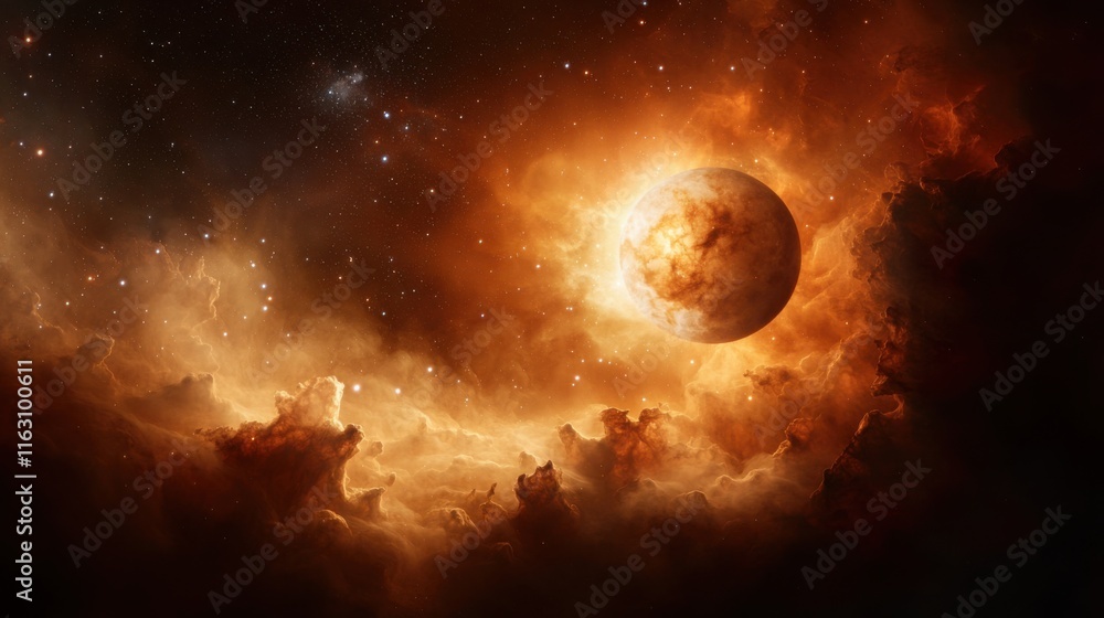 Fototapeta premium A stunning cosmic scene featuring a fiery planet surrounded by vibrant clouds and distant stars in a celestial atmosphere.