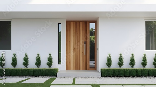 A simple yet stylish modern house with a white facade and a natural wooden front door as the focal point. photo