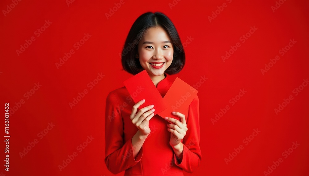 a happy woman's expression and the festive red color of her attire and the envelopes. The image evokes a sense of celebration and good fortune, likely associated with the Chinese New Year a happy woman's expression and the festive red color of her attire and the envelopes. The image evokes a sense of celebration and good fortune, likely associated with the Chinese New Year