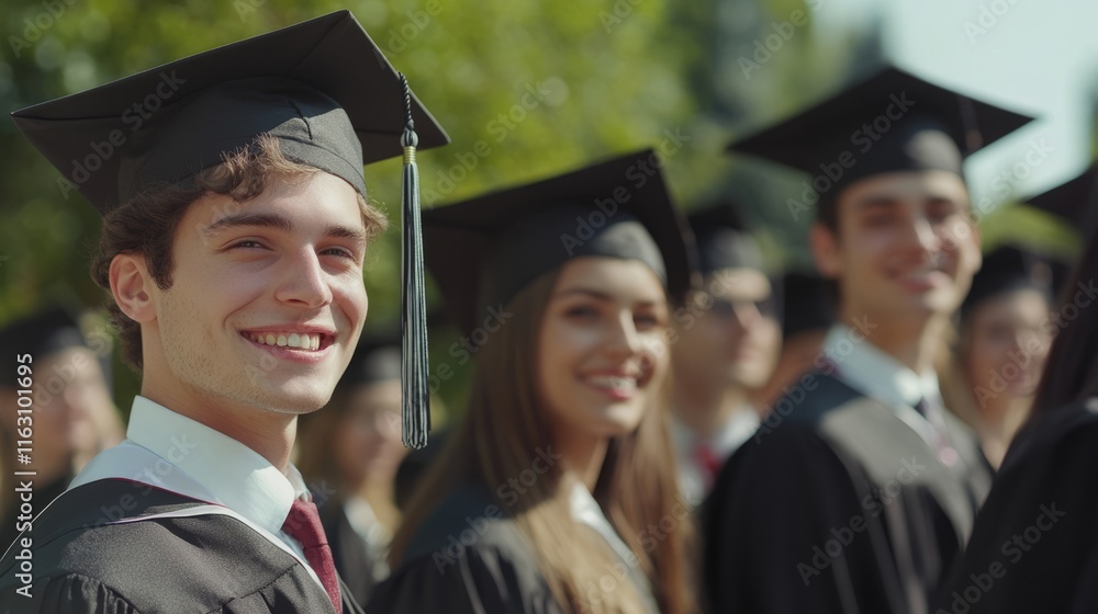 Students dressed in graduation caps and gowns stand outdoors on a bright day, smiling as they celebrate their achievement. The scene captures joy and pride during a memorable milestone Students dressed in graduation caps and gowns stand outdoors on a bright day, smiling as they celebrate their achievement. The scene captures joy and pride during a memorable milestone