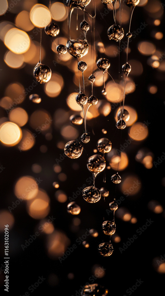 A cascade of transparent glass droplets delicately reflecting soft golden light, beautifully suspended against a dark matte background, creating an elegant and captivating visual effect. A cascade of transparent glass droplets delicately reflecting soft golden light, beautifully suspended against a dark matte background, creating an elegant and captivating visual effect.