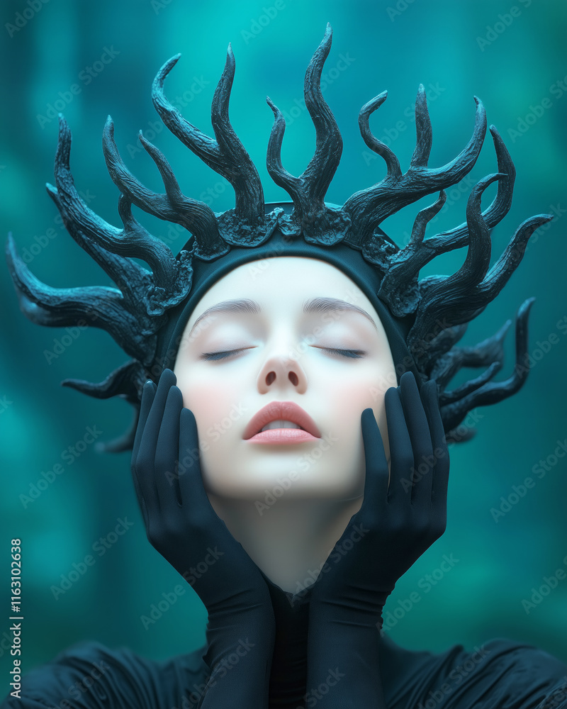 Mystical figure with antler crown in enchanting ambiance Mystical figure with antler crown in enchanting ambiance