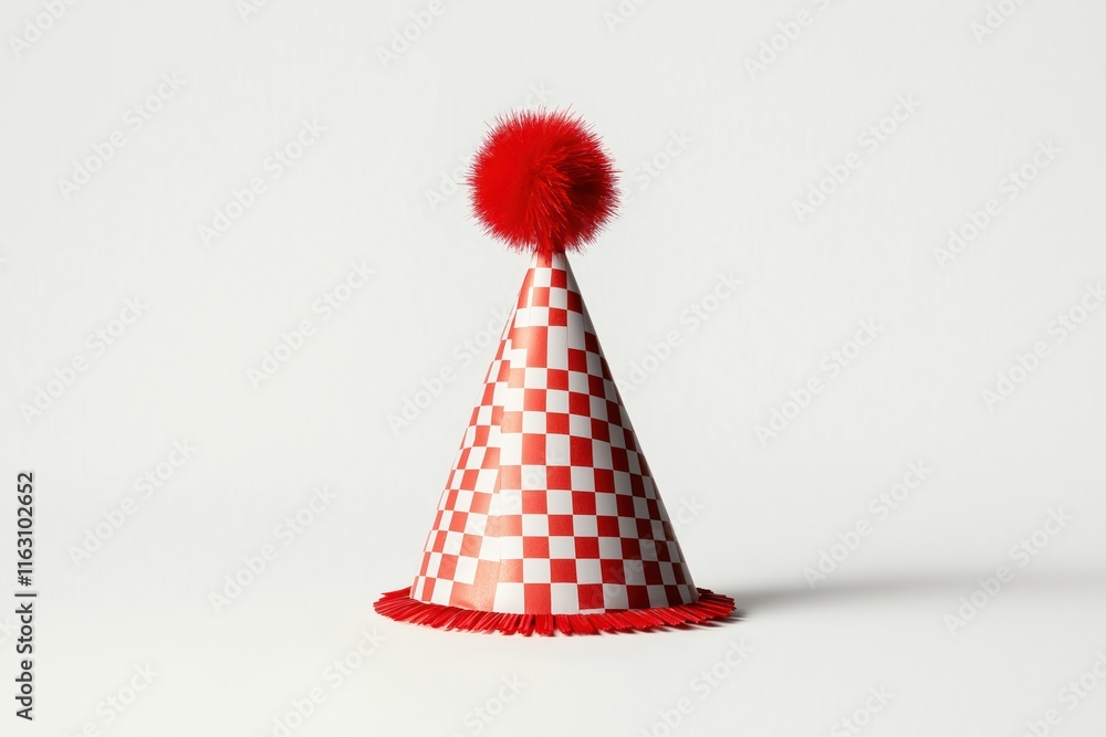 Red, white checkered party hat with red pom-pom sits on white background. Festive party accessory for celebration. Fun hat design. Perfect for birthday anniversary. Great for kids, adults. Colorful Red, white checkered party hat with red pom-pom sits on white background. Festive party accessory for celebration. Fun hat design. Perfect for birthday anniversary. Great for kids, adults. Colorful
