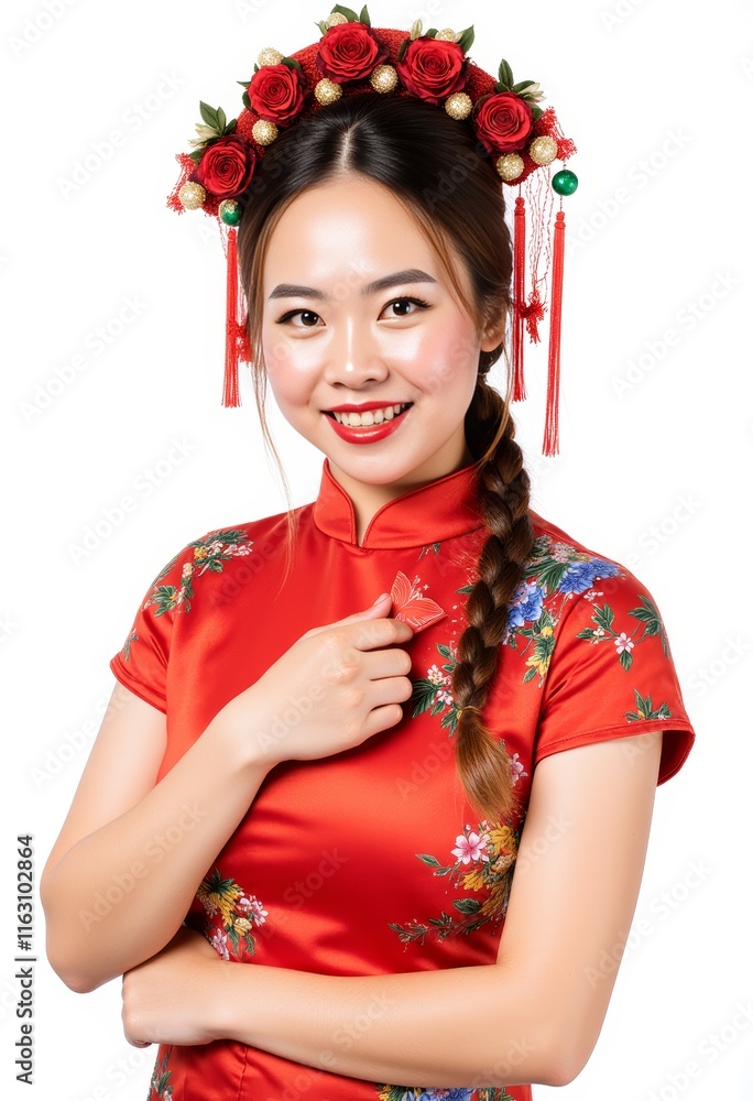 beautiful girl in a red Chinese dress with a charming face beautiful girl in a red Chinese dress with a charming face