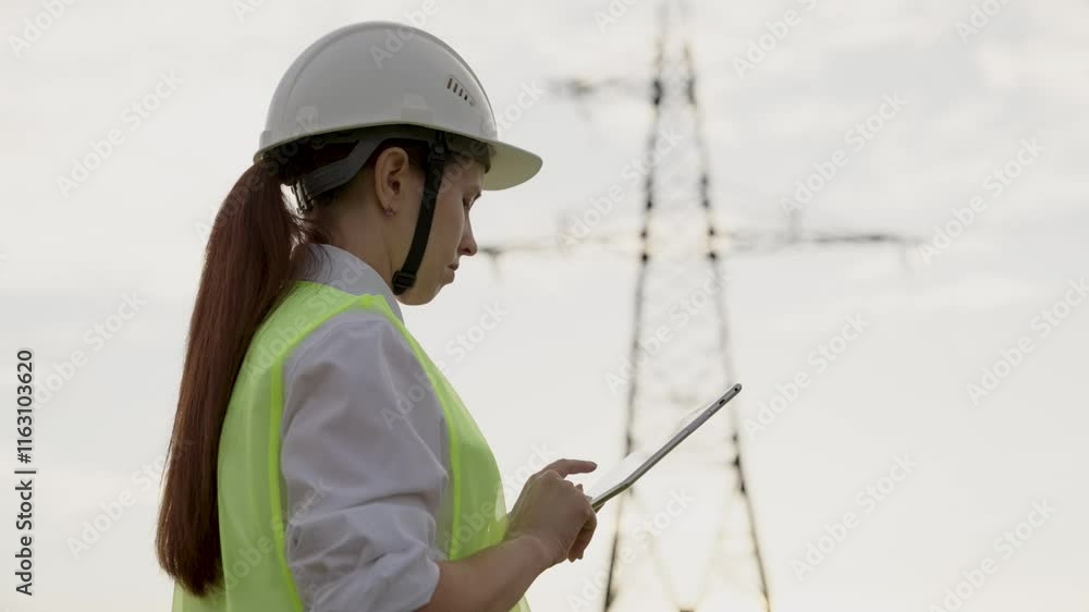Woman engineer works on tablet computer standing by electric power transmission line support. Electrician with tablet inspects power lines in field. Specialist checkups electric substation equipment Woman engineer works on tablet computer standing by electric power transmission line support. Electrician with tablet inspects power lines in field. Specialist checkups electric substation equipment