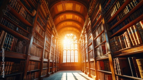 Wallpaper Mural A sunlit library with wooden shelves filled with books and a large window. Torontodigital.ca