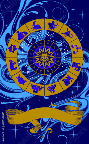 Colorful drawing of circle with zodiac signs, constellations, sun, ribbon banner and abstract swirl background.  Vector illustration