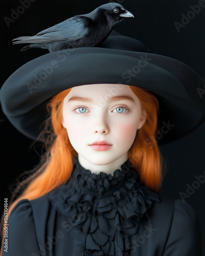 Young girl with striking red hair and black hat featuring a crow photo