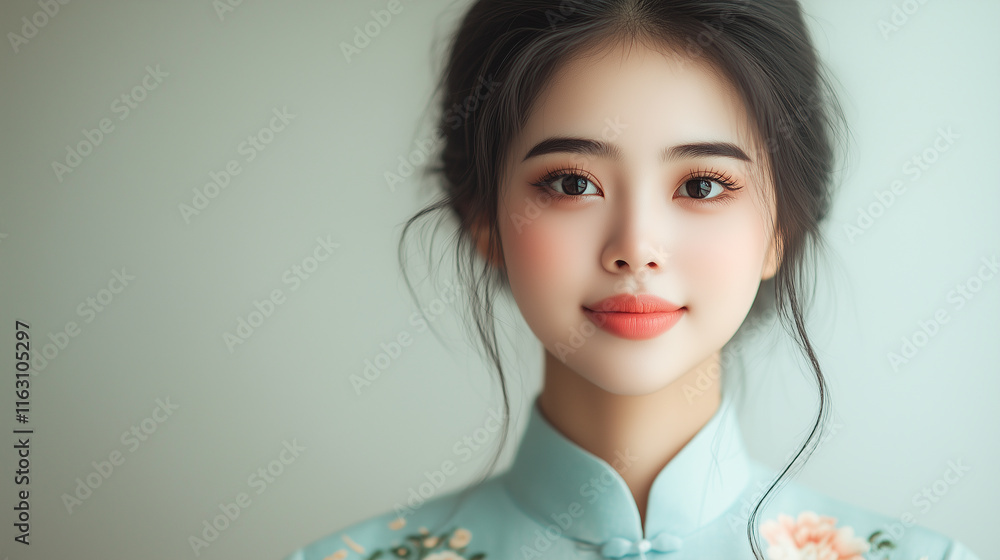 young Chinese woman traditional blue dress with floral patterns, showcasing elegance and beauty. Her soft expression and styled hair enhance serene. young Chinese woman traditional blue dress with floral patterns, showcasing elegance and beauty. Her soft expression and styled hair enhance serene.