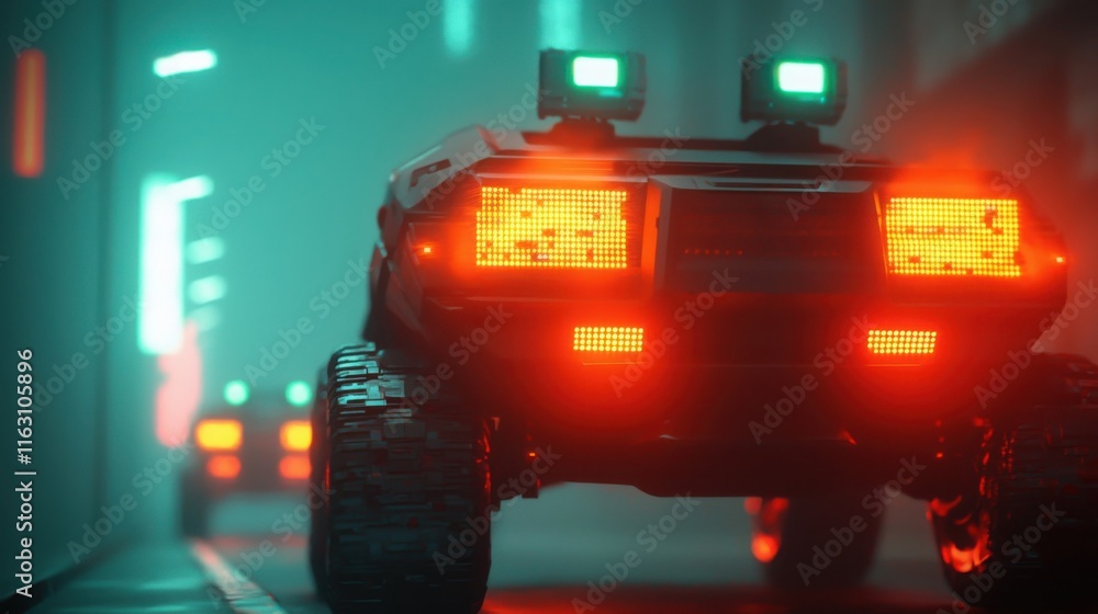 A sleek, futuristic vehicle with glowing red lights drives through a neon-lit corridor, evoking a sci-fi atmosphere. A sleek, futuristic vehicle with glowing red lights drives through a neon-lit corridor, evoking a sci-fi atmosphere.