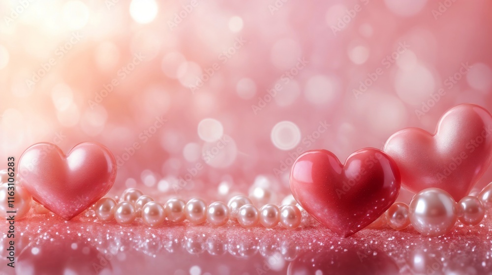 Romantic glossy hearts and pearls create a fabulous background for Valentine's Day. Advertising banner, greeting card Romantic glossy hearts and pearls create a fabulous background for Valentine's Day. Advertising banner, greeting card
