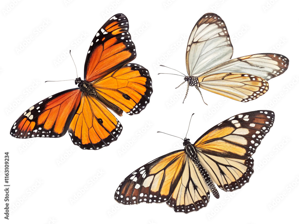 Fototapeta premium Colorful butterflies showcasing vibrant patterns and delicate wings in natural display isolated on transparent background