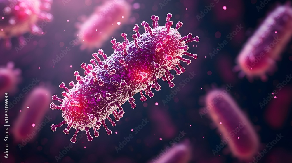 Colorful Closeup of a Pathogen Bacterium Set Against a Vibrant Pink and Purple Background Highlighting Microbial Life and Scientific Exploration Themes Colorful Closeup of a Pathogen Bacterium Set Against a Vibrant Pink and Purple Background Highlighting Microbial Life and Scientific Exploration Themes