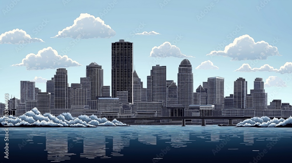 Fototapeta premium Boston skyline view. Modern cityscape with numerous buildings reflecting in calm water. Cityscapes, urban architecture, US city panorama, American city landscape, downtown. Calm day, blue sky with