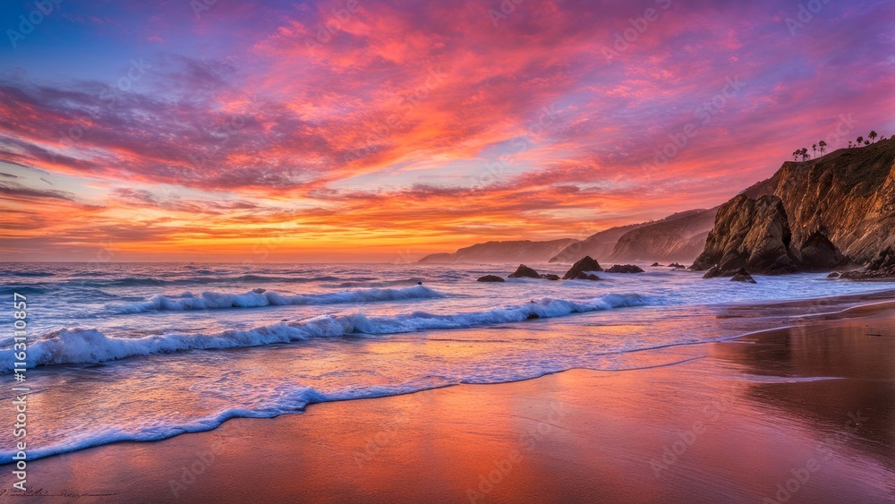 Mesmerizing coastal sunset, waves dancing on sandy beach, vibrant sky blending warm and cool tones, perfect for capturing the essence of tranquility, travel and outdoor lifestyle content. Mesmerizing coastal sunset, waves dancing on sandy beach, vibrant sky blending warm and cool tones, perfect for capturing the essence of tranquility, travel and outdoor lifestyle content.