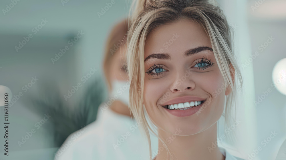 A female nurse thoughtfully explains the dental report to a patient, with the dentist attentively observing in the background. A female nurse thoughtfully explains the dental report to a patient, with the dentist attentively observing in the background.