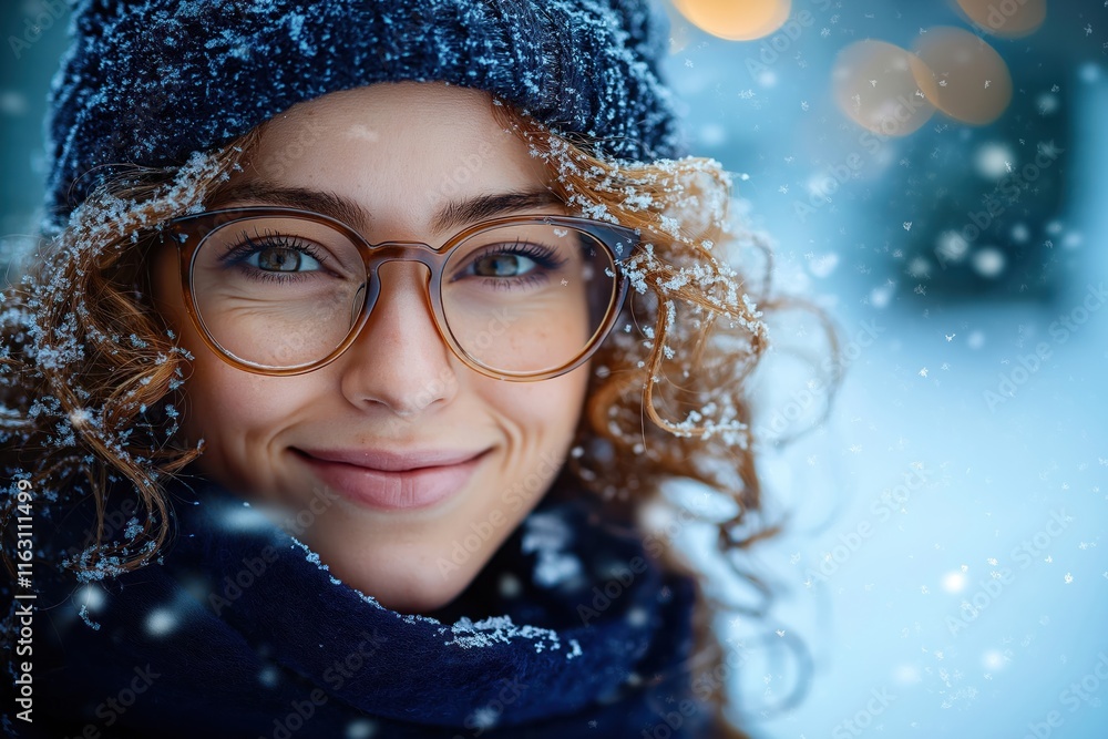 Woman smiles happily in winter snowfall. Wears eyeglasses, beanie. Snowflakes softly fall around. Cozy winter fashion style. Woman enjoys serene cold weather. Winter scene. Woman in winter clothes. Woman smiles happily in winter snowfall. Wears eyeglasses, beanie. Snowflakes softly fall around. Cozy winter fashion style. Woman enjoys serene cold weather. Winter scene. Woman in winter clothes.