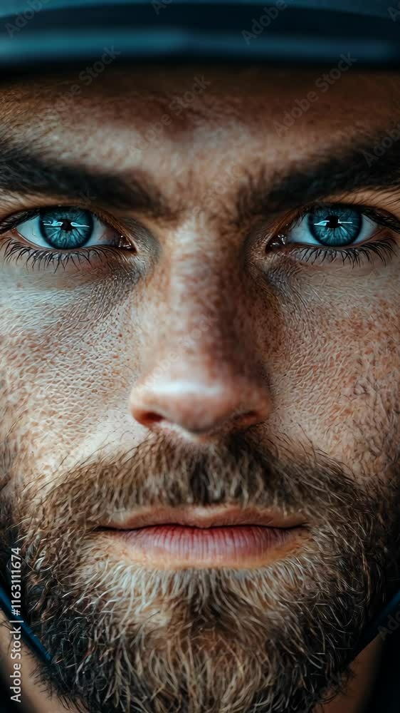 Intense gaze of a man with striking blue eyes and facial stubble against a blurred background in natural light Intense gaze of a man with striking blue eyes and facial stubble against a blurred background in natural light