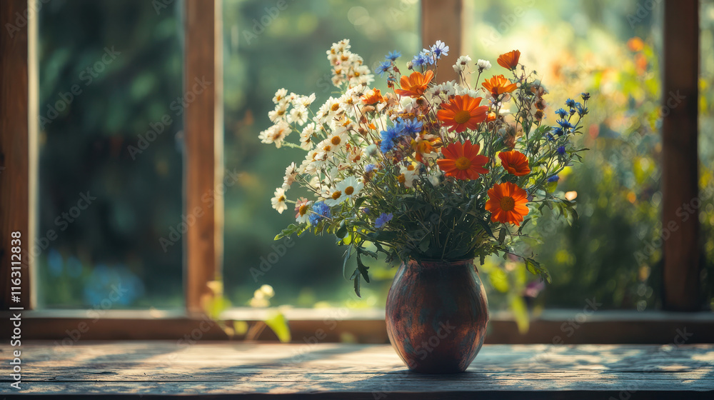 A vibrant bouquet of wildflowers in a rustic vase, placed on an old wooden table by a sunlit window. The soft golden light casts intricate shadows on the surface, with a blurred garden in the backgrou A vibrant bouquet of wildflowers in a rustic vase, placed on an old wooden table by a sunlit window. The soft golden light casts intricate shadows on the surface, with a blurred garden in the backgrou
