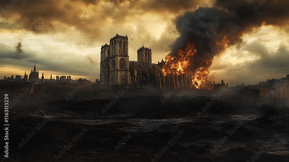 Gothic Cathedral Engulfed In Flames During Sunset Gothic Cathedral Engulfed In Flames During Sunset
