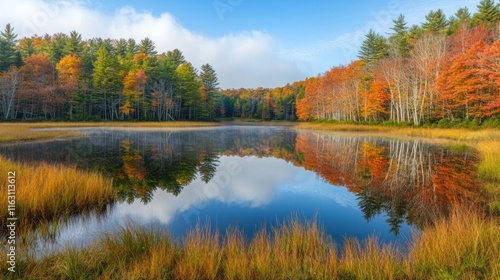 Calm autumn lake reflecting colorful trees and sky.