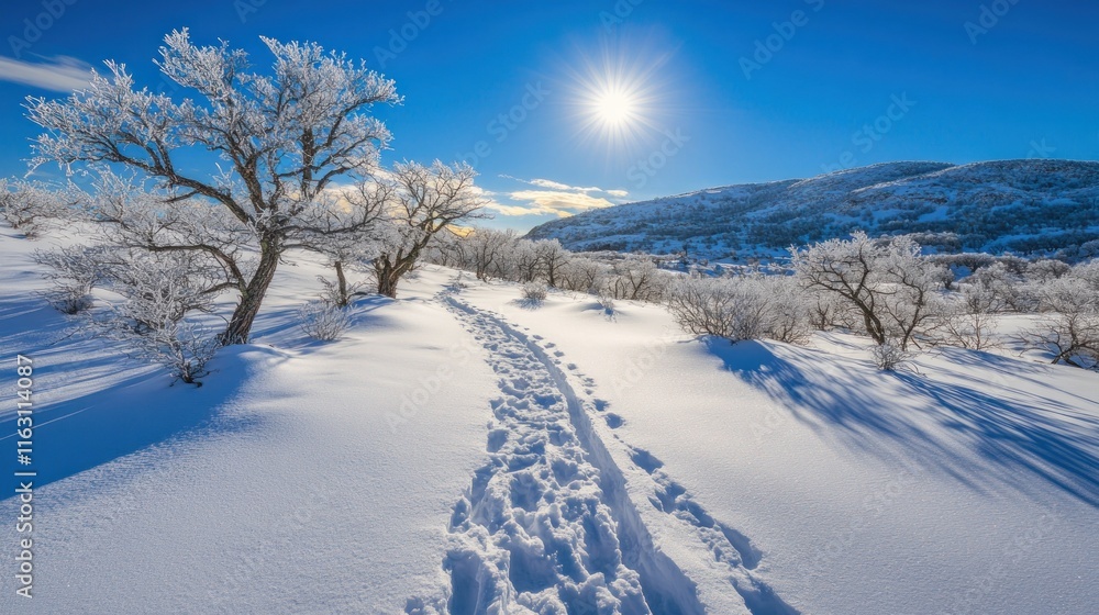 Snowy path through winter landscape with frost covered trees and bright sun. Snowy path through winter landscape with frost covered trees and bright sun.