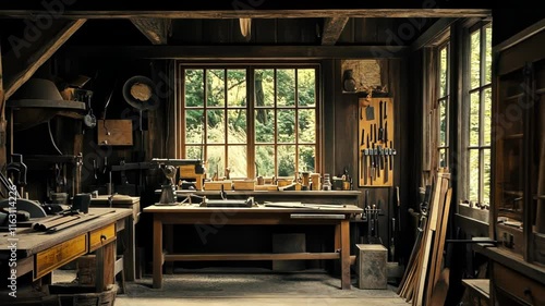 Wallpaper Mural A rustic woodworking workshop filled with tools and natural light. Torontodigital.ca