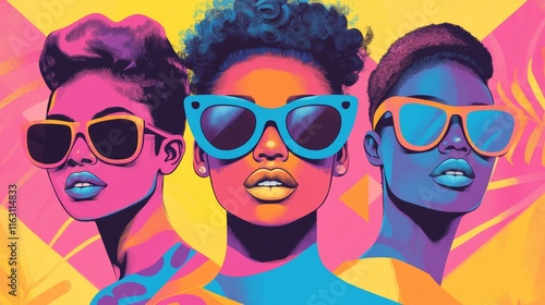 A collection of friends with diverse backgrounds, all smiling and wearing sunglasses, are set against an abstract backdrop photo