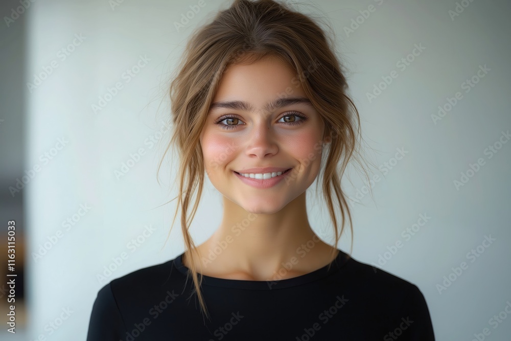 Young woman smiling directly at camera. Wears simple black top. Casual everyday look. Portrait photo. Happy, confident expression. Perfect for fashion magazines social media. Natural light. Studio Young woman smiling directly at camera. Wears simple black top. Casual everyday look. Portrait photo. Happy, confident expression. Perfect for fashion magazines social media. Natural light. Studio
