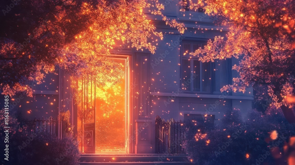 Obraz premium Glowing doorway in autumnal scene.