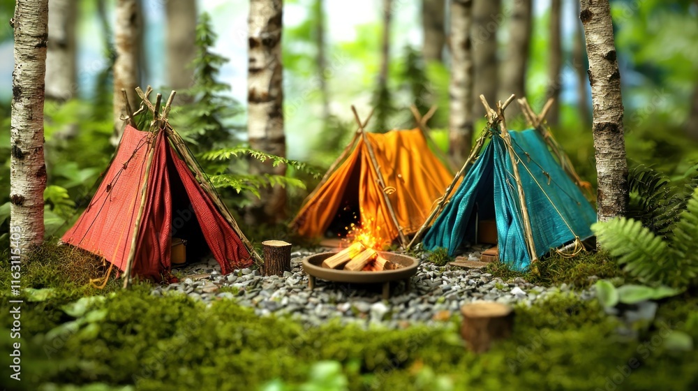 Miniature campsite with colorful tents and a campfire in a forest. Miniature campsite with colorful tents and a campfire in a forest.