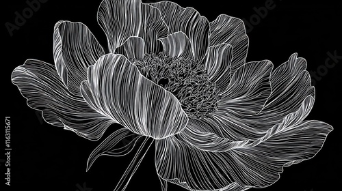 Fototapeta Naklejka Na Ścianę i Meble -  White line art peony flower on black background.