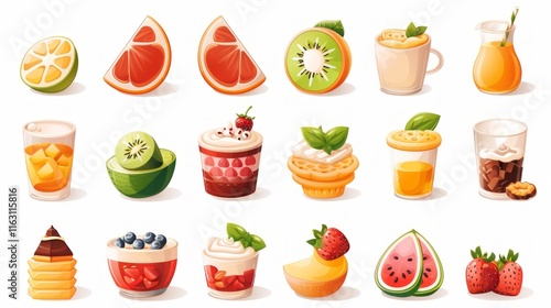 A colorful assortment of fruits and desserts, showcasing refreshing food items and drinks.